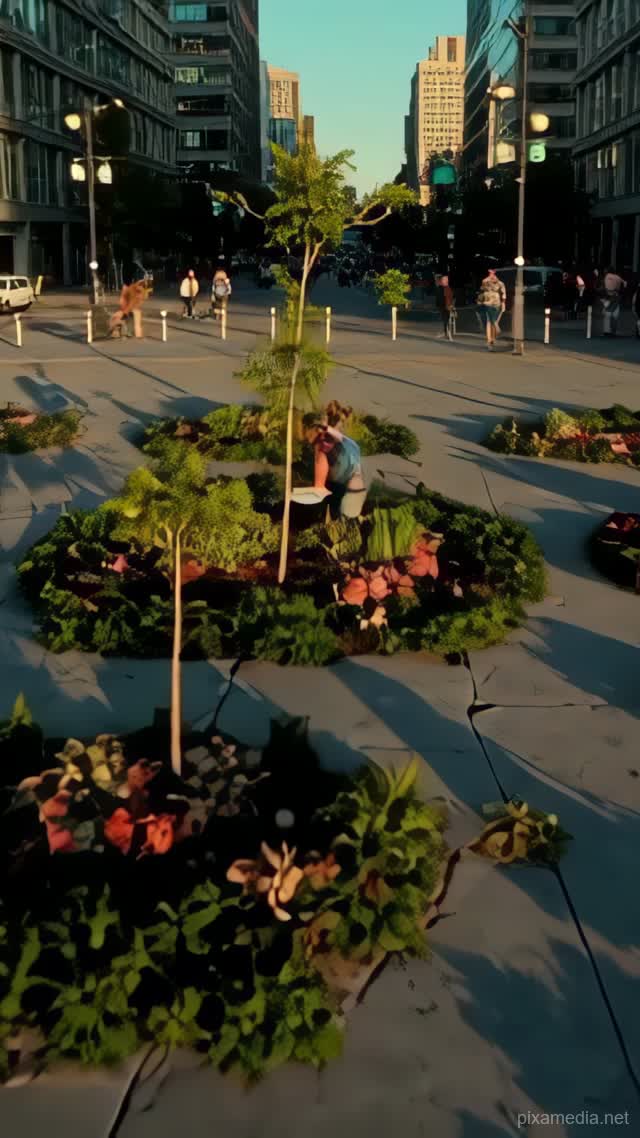 Pavement Blossoms at Dusk - Street Art AI stock